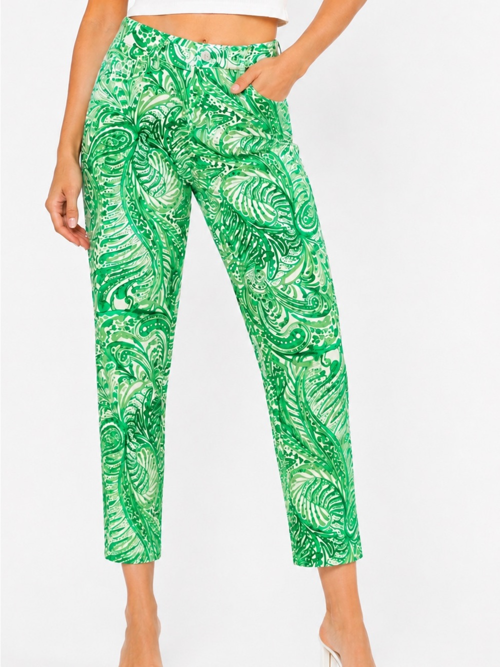 CHICOS Platinum Crop Jeans Green White Tropical Paisley Palm Cropped Denim Pants